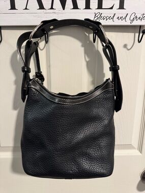 Dooney & Bourke Black Pebbled Leather Satchel with White Contrast Stitching
